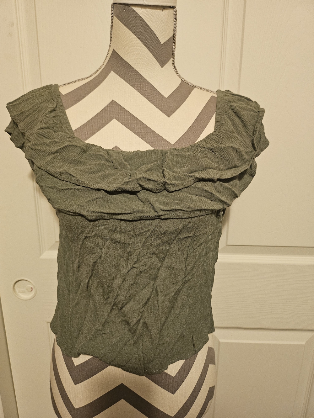 one clothing Olive Green Ruffle Off-Shoulder Crop Top